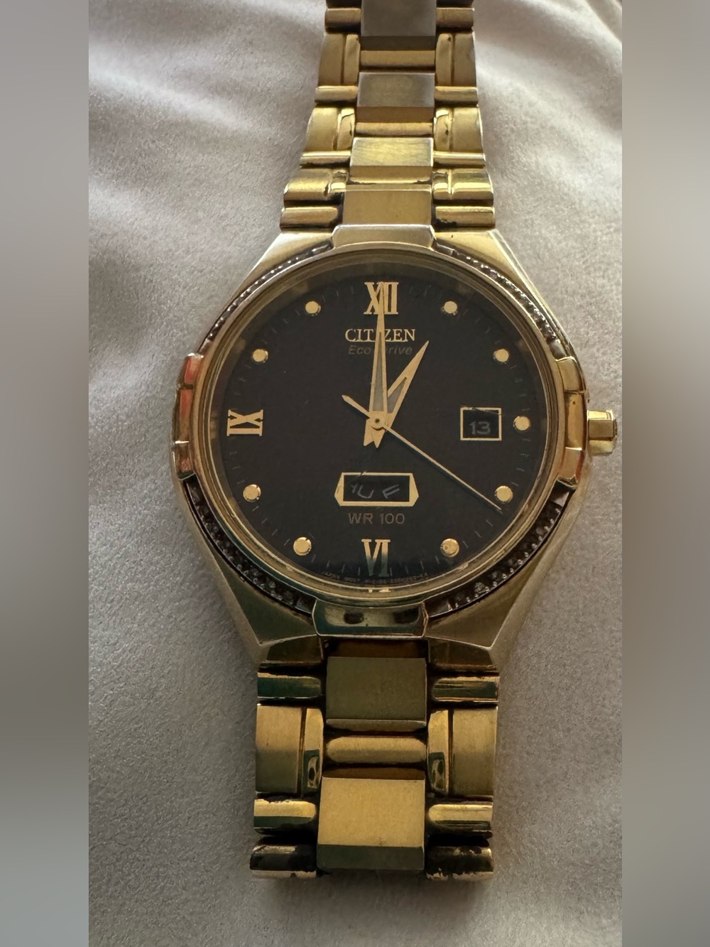 Vintage Working Citizen Eco-Drive Gold - Tone Diamond-Accented Black Dial WR100